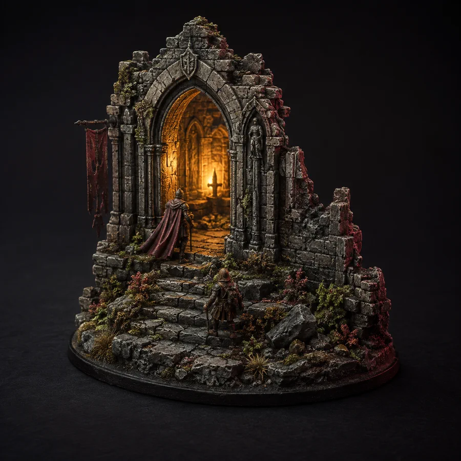 Diorama: apgriuvę vartai su apšviesta arka