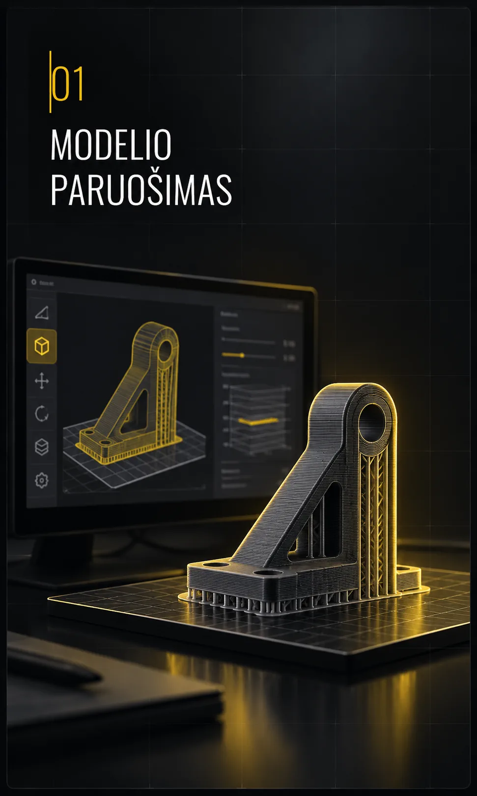 01 Modelio paruošimas – sluoksnio aukštis, užpildas, medžiaga