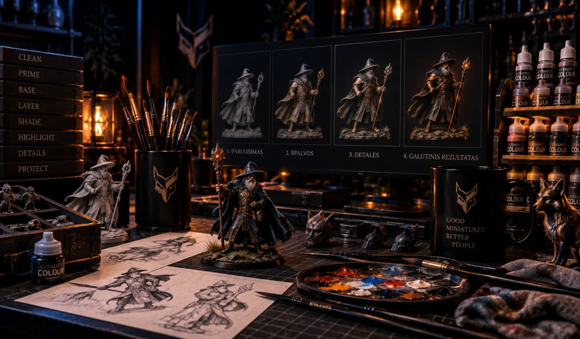 Meistras airbrush technika dažo 3D spausdintą figūrėlę dirbtuvėje