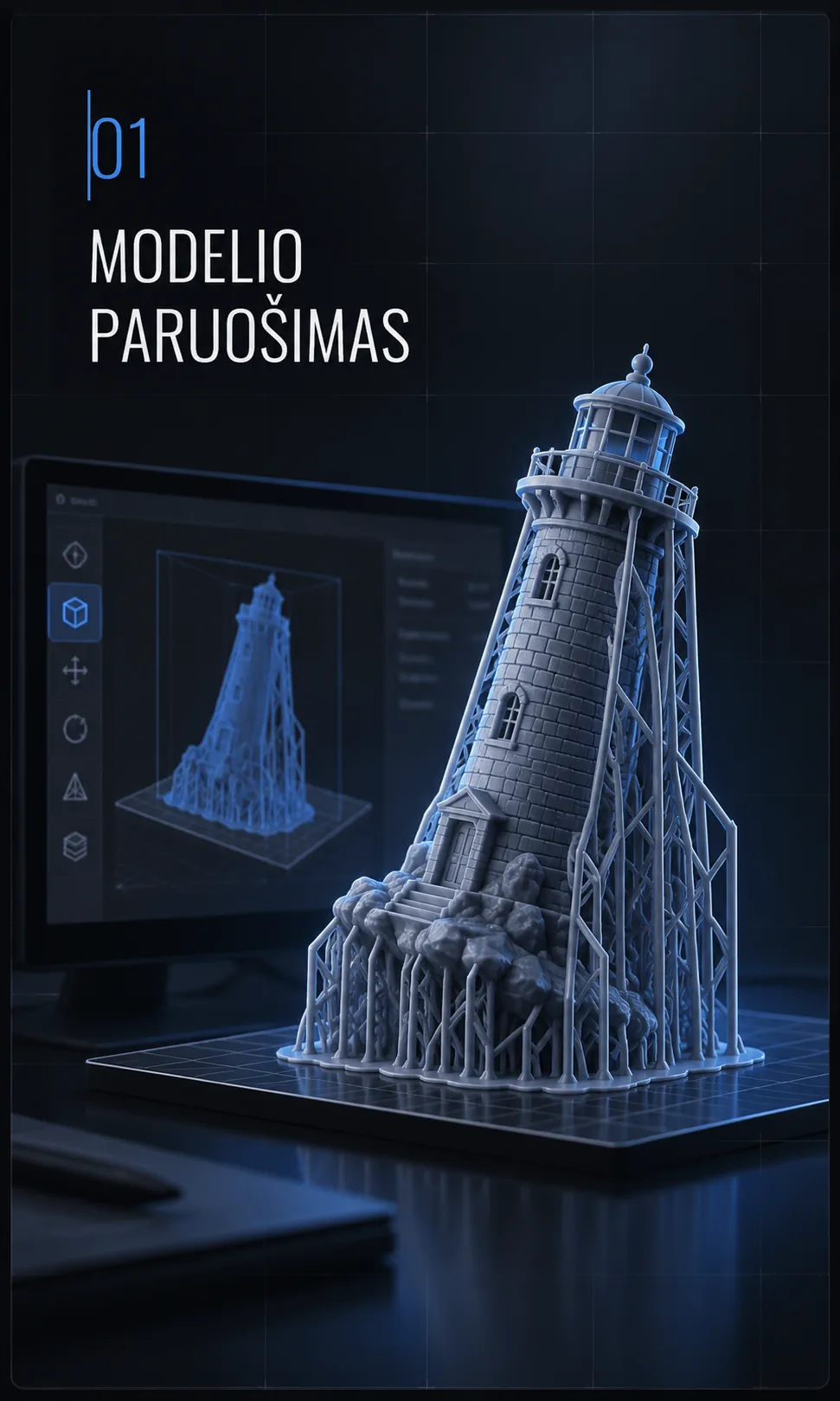 01 Modelio paruošimas – detalė su atramomis prieš SLA spausdinimą