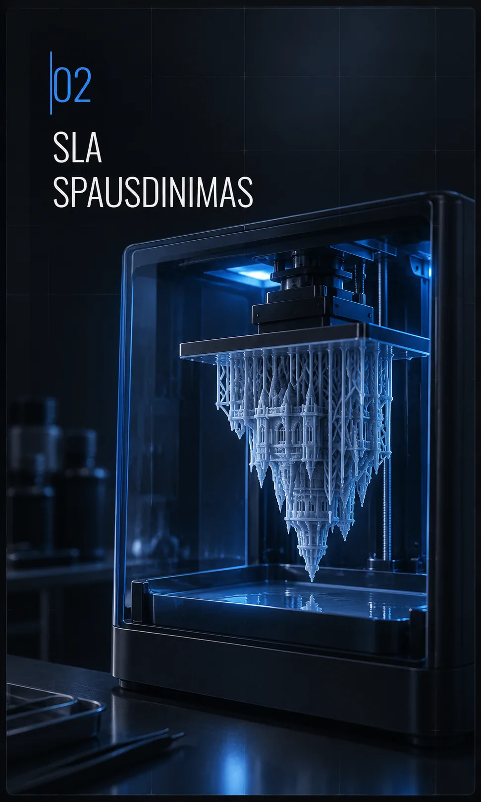 02 SLA spausdinimas – derva kietinama sluoksniais